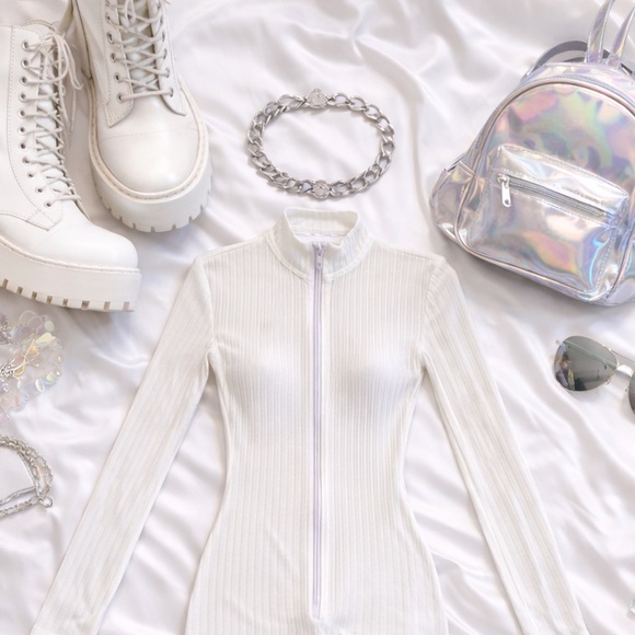 White Ribbed Zip-Front Bodysuit / Jumpsuit - Picture 2 of 9